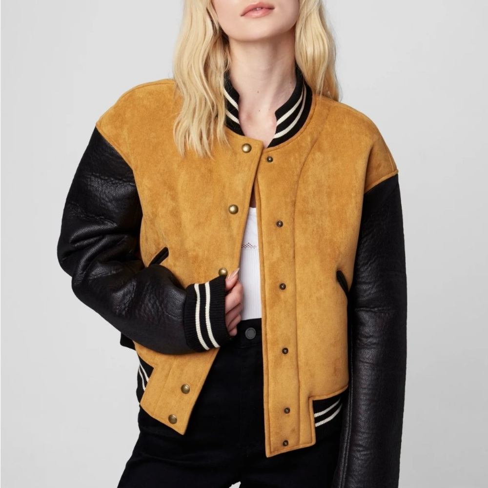 NWT Blank NYC Varsity Jacket Black and Tan with Ribbed Trim SOLD OUT - XS Snap